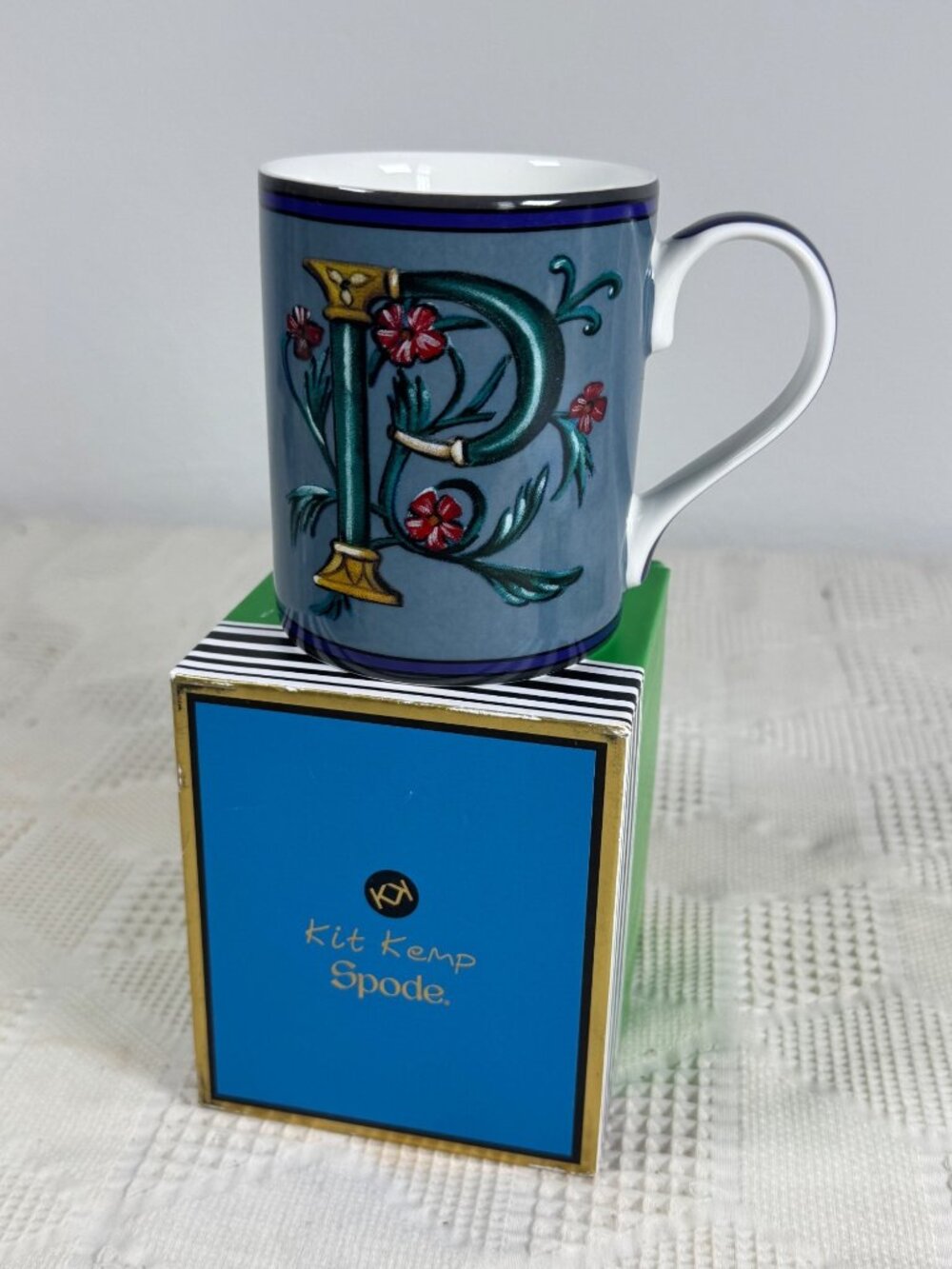 Kit Kemp Spode Alphabet Mug w "P" Monogram In Gift Box Blue Floral Design NIB